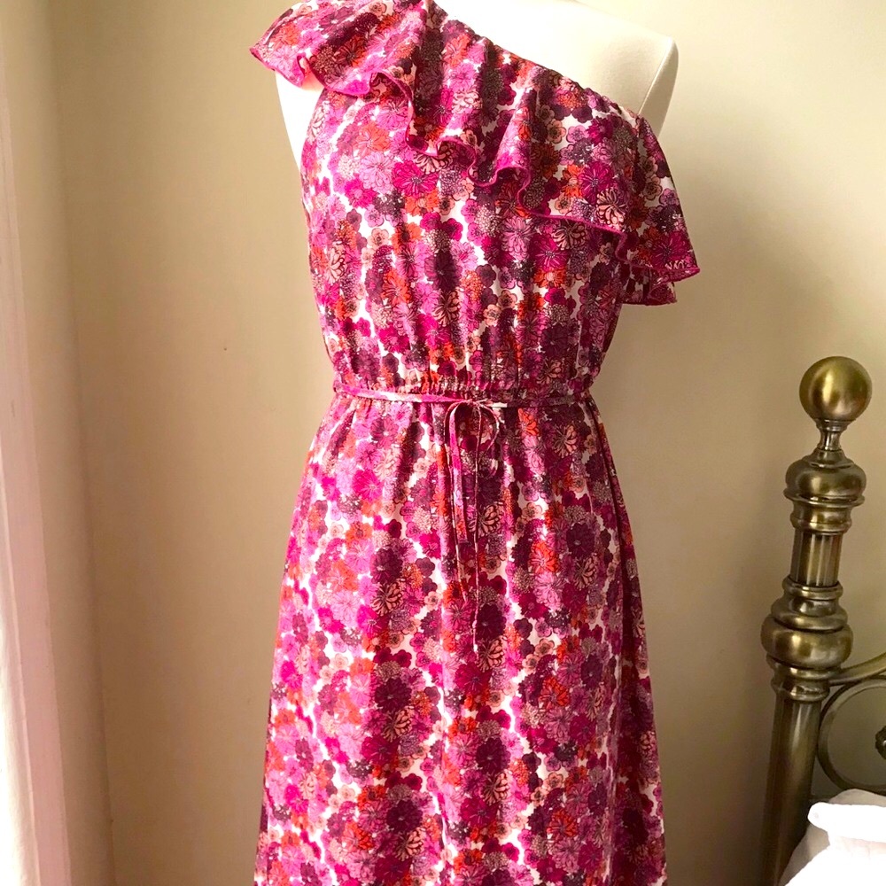 Floral Pink One Shoulder Ruffle Maxi Dress